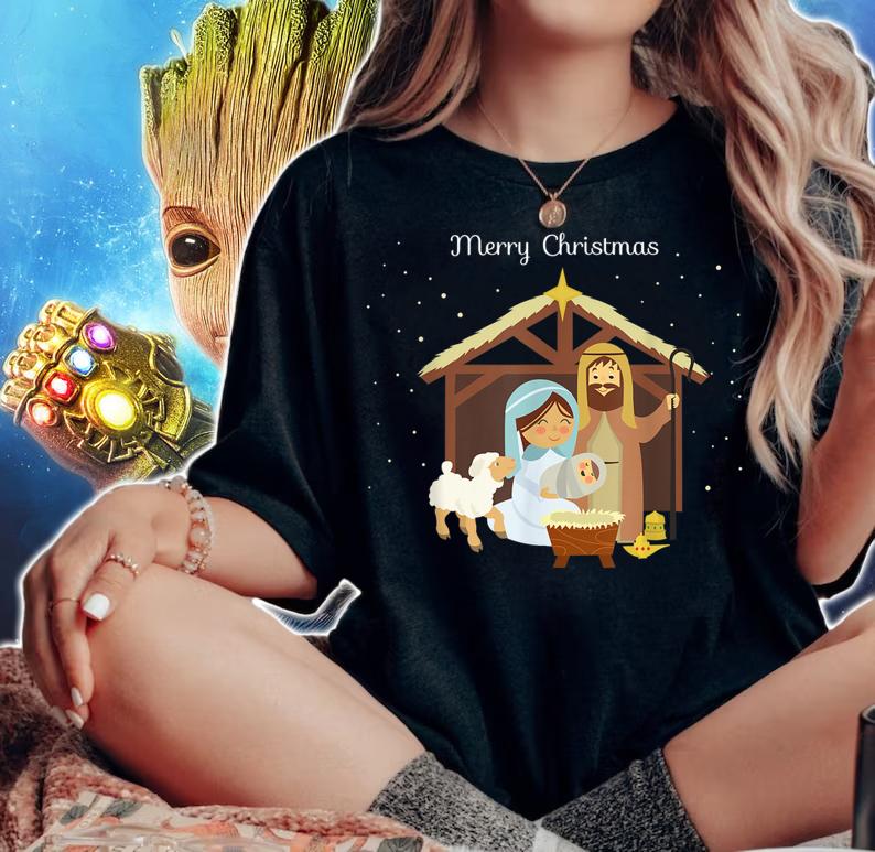 Merry Christmas & Nativity Scene Christian Faith Holiday sweater t-shirt woman shirt