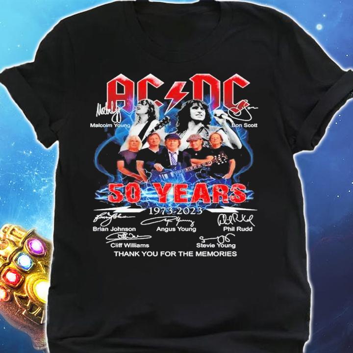 AC DC 50 years 1973 2023 thank you for the memories signatures t-shirt shirt