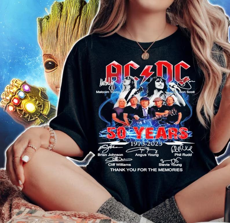 AC DC 50 years 1973 2023 thank you for the memories signatures t-shirt woman shirt