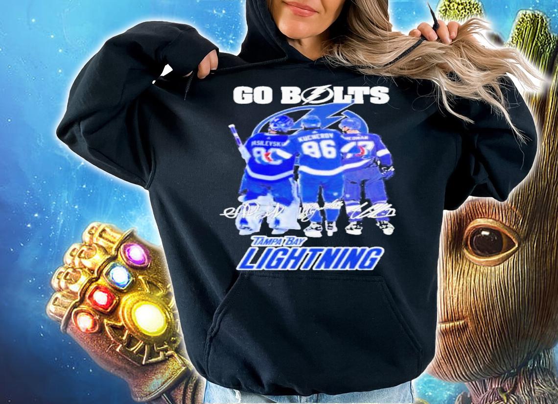 Go Bolts Andrei Vasilevskiy Nikita Kucherov And Victor Hedman Tampa Bay Lightning Signautres Shirt t-shirt hoodie