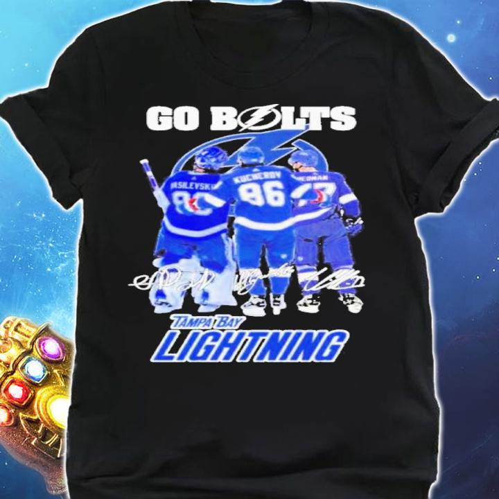 Go Bolts Andrei Vasilevskiy Nikita Kucherov And Victor Hedman Tampa Bay Lightning Signautres Shirt t-shirt shirt