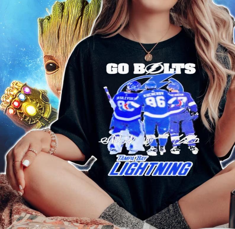 Go Bolts Andrei Vasilevskiy Nikita Kucherov And Victor Hedman Tampa Bay Lightning Signautres Shirt t-shirt woman shirt