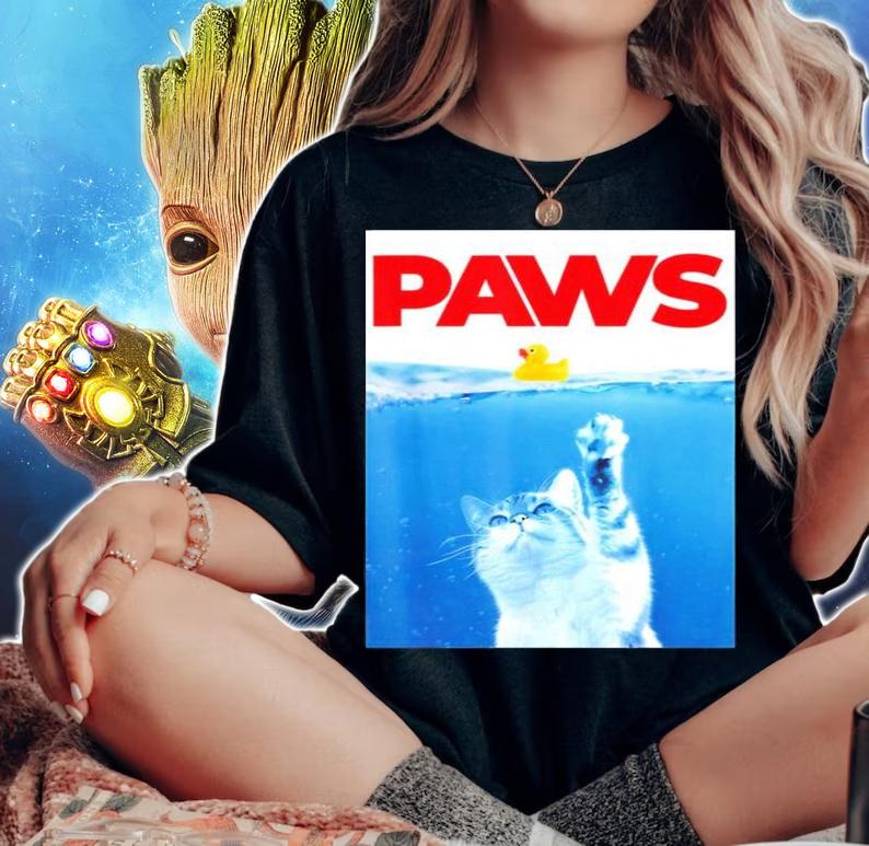 PAWS Cat And Yellow Rubber Duck Cute Kitten Funny Cat Parody T-Shirt t-shirt woman shirt