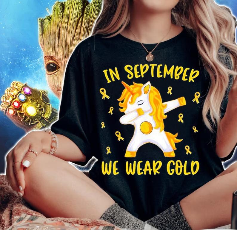 Unicorn Dabbing In September We Wear Gold Childhood Cancer Awareness Shirt t-shirt woman shirt