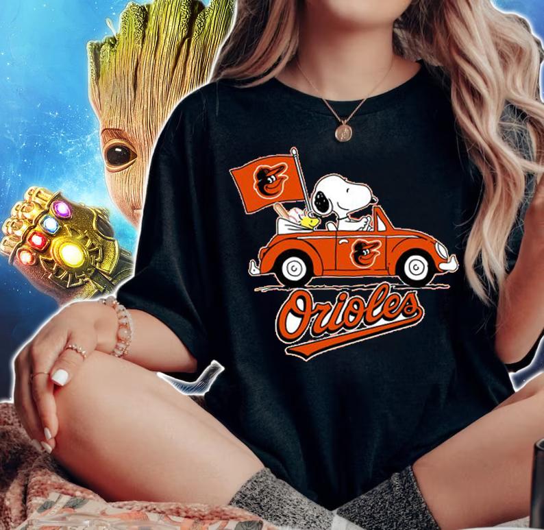 Baltimore Orioles Snoopy Woodstock Driving Car t-shirt woman shirt
