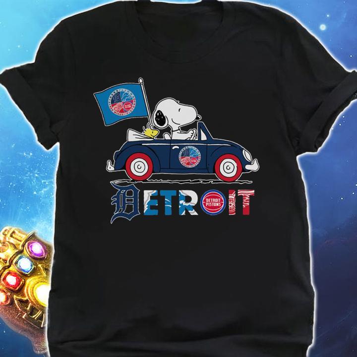Detroit Sports Teams Tigers Lions Pistons Snoopy Woodstock Driving Car t-shirt shirt