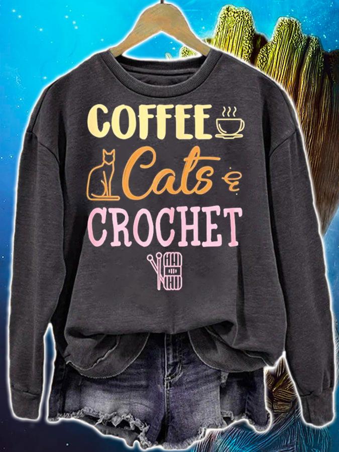 Womens Coffee Cats And Crochet Knitting & Crocheting For Cat Lovers T-Shirt t-shirt sweatshirt