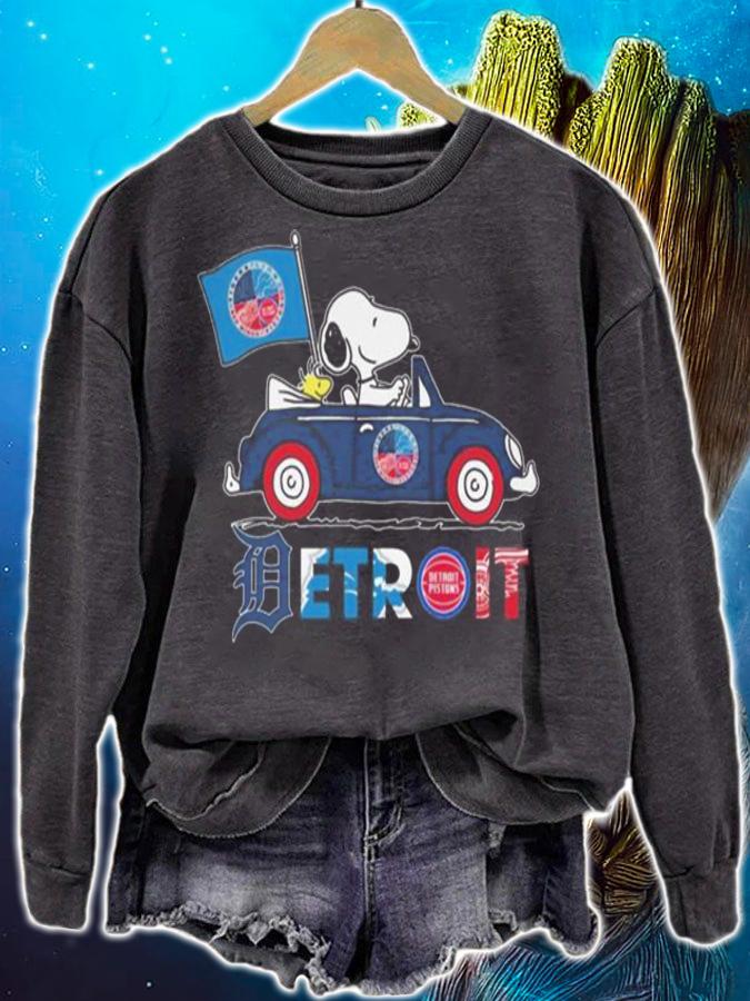 Snoopy And Woodstock Driving Car Detroit Sports Teams Flag t-shirt sweatshirt
