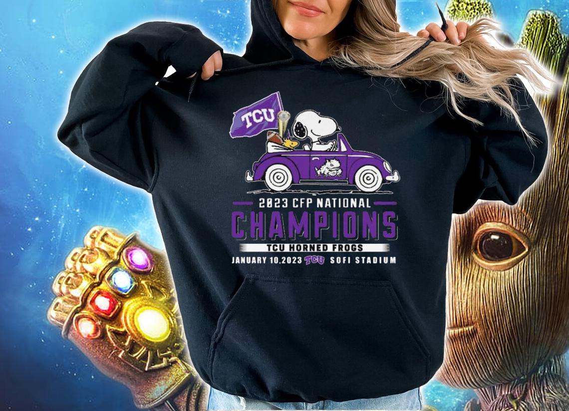 Snoopy Woodstock Driving Car TCU Horned Frogs Flag 2023 CFP National Champions t-shirt hoodie