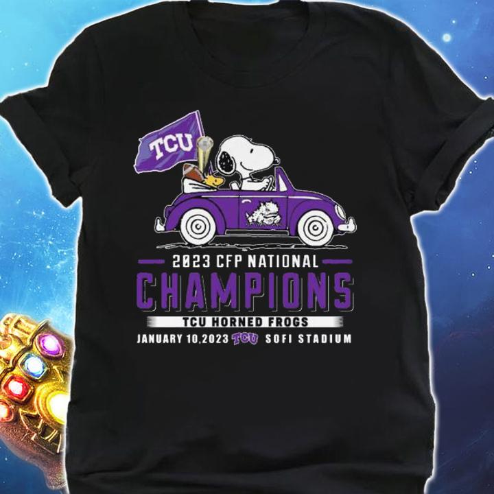 Snoopy Woodstock Driving Car TCU Horned Frogs Flag 2023 CFP National Champions t-shirt shirt
