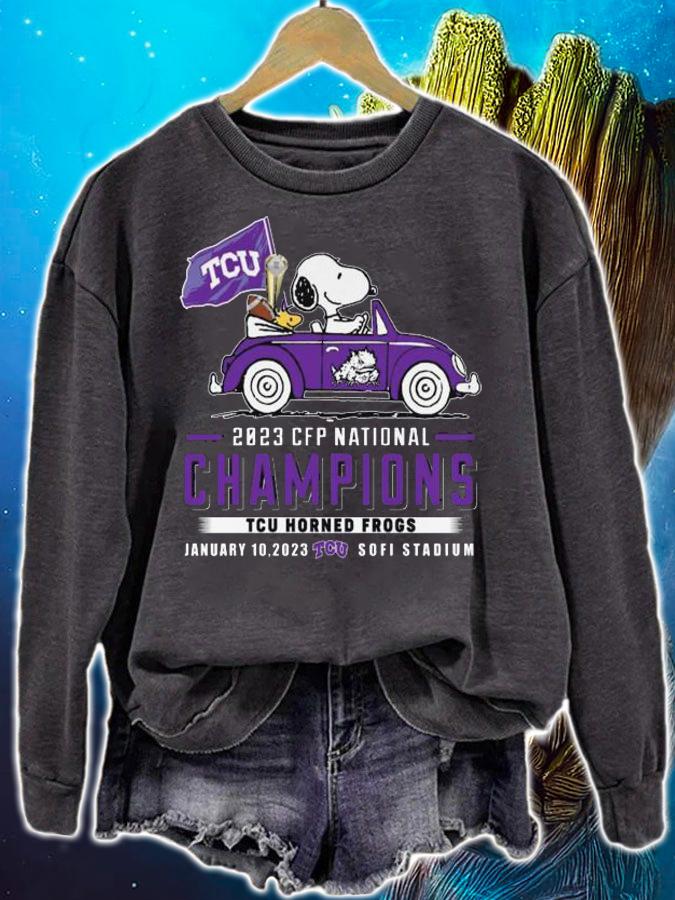 Snoopy Woodstock Driving Car TCU Horned Frogs Flag 2023 CFP National Champions t-shirt sweatshirt