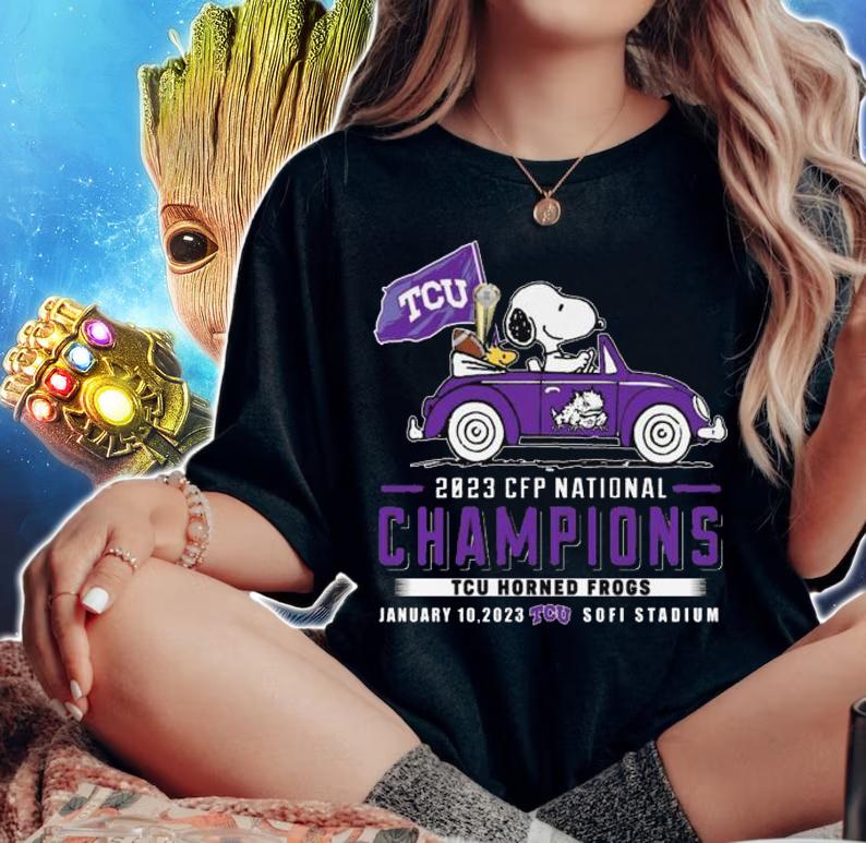 Snoopy Woodstock Driving Car TCU Horned Frogs Flag 2023 CFP National Champions t-shirt woman shirt