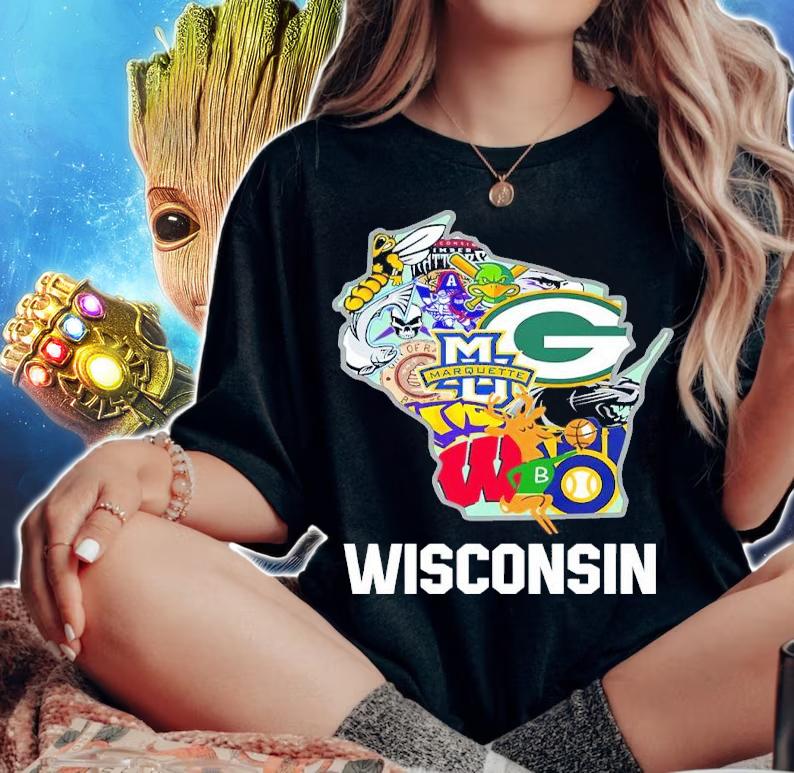 Wisconsin Badgers Green Bay Packers Milwaukee Brewers Milwaukee Bucks Logo t-shirt woman shirt