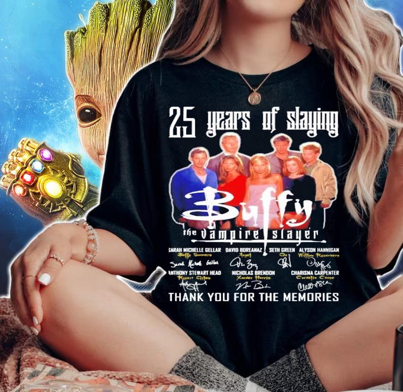 25 years of slaying Buffy The Vampire Slayer signatures t-shirt woman shirt
