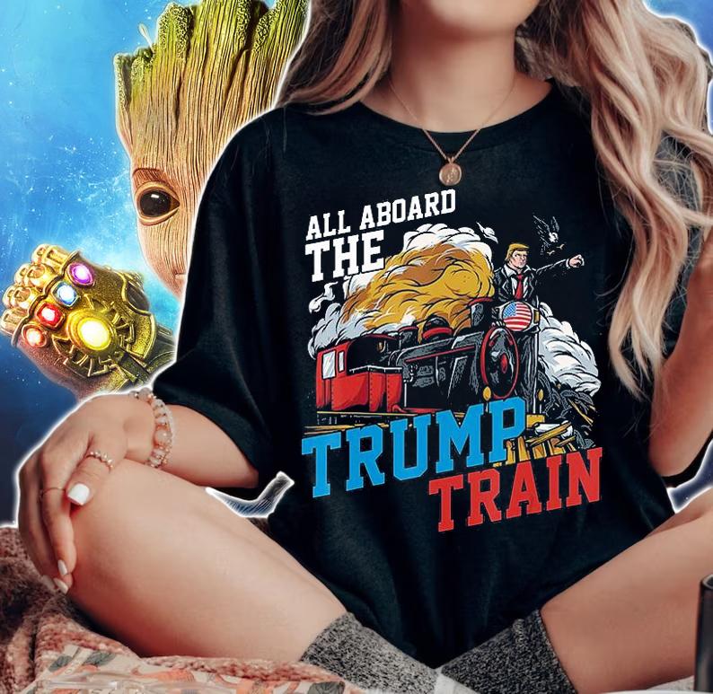 Funny All Aboard the Trump Train American USA Flag T-Shirt woman shirt