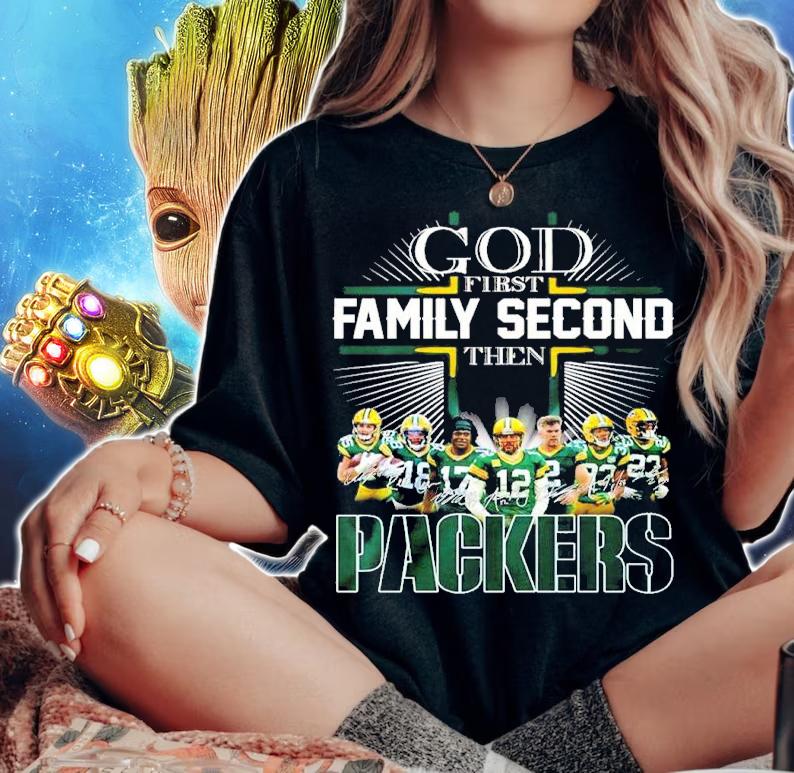 God First Family Second Then Green Bay Packers Signatures Shirt woman shirt