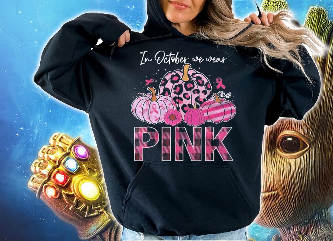 In October We Wear Pink Ribbon Leopard Pumpkin Breast Cancer Shirt hoodie
