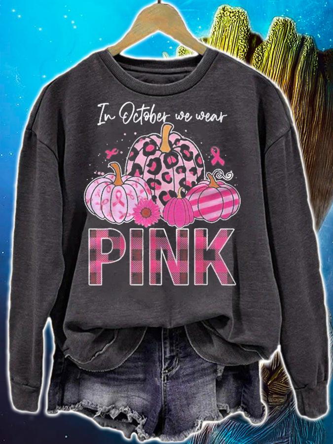 In October We Wear Pink Ribbon Leopard Pumpkin Breast Cancer Shirt sweatshirt