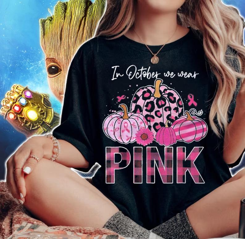 In October We Wear Pink Ribbon Leopard Pumpkin Breast Cancer Shirt woman shirt