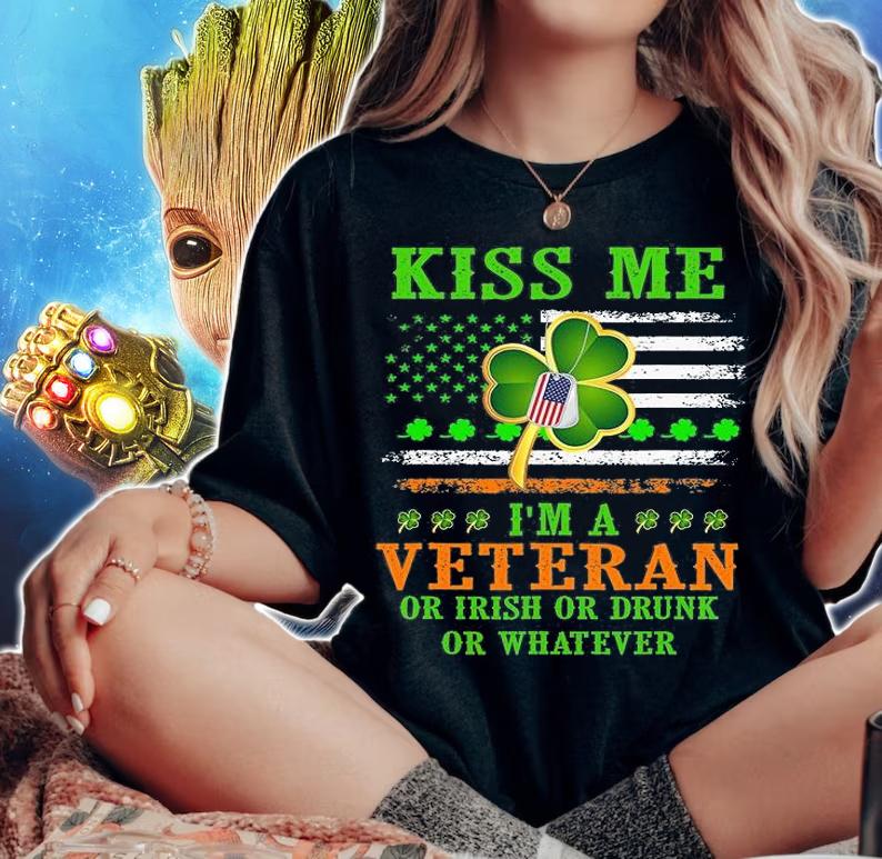 Kiss Me I'm A Veteran Irish St Patrick's Day Veteran T-Shirt woman shirt