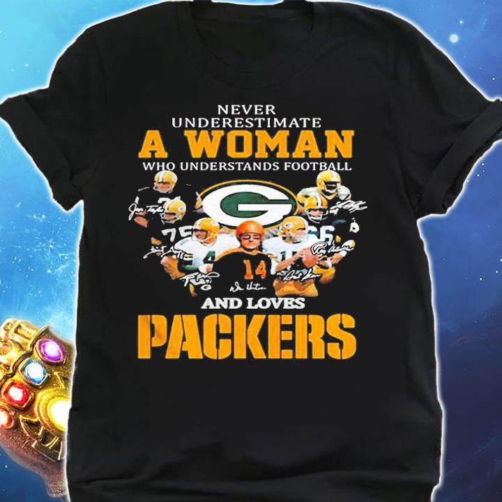 Never Underestimate A Woman Who Understands Football And Loves Green Bay Packers Signatures Shirt shirt