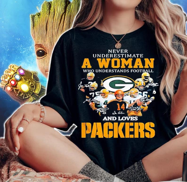 Never Underestimate A Woman Who Understands Football And Loves Green Bay Packers Signatures Shirt woman shirt