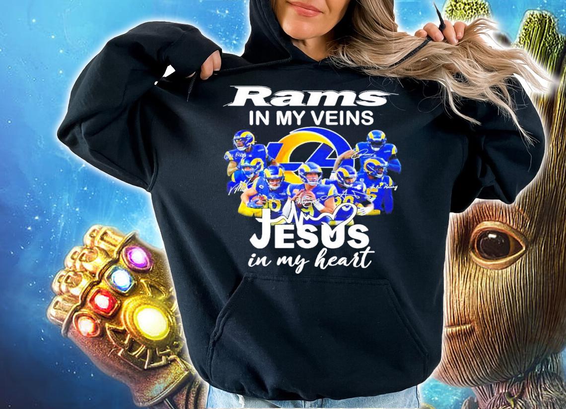 Official Los Angeles Rams In My Veins Esus In My Heart Signatures Shirt hoodie