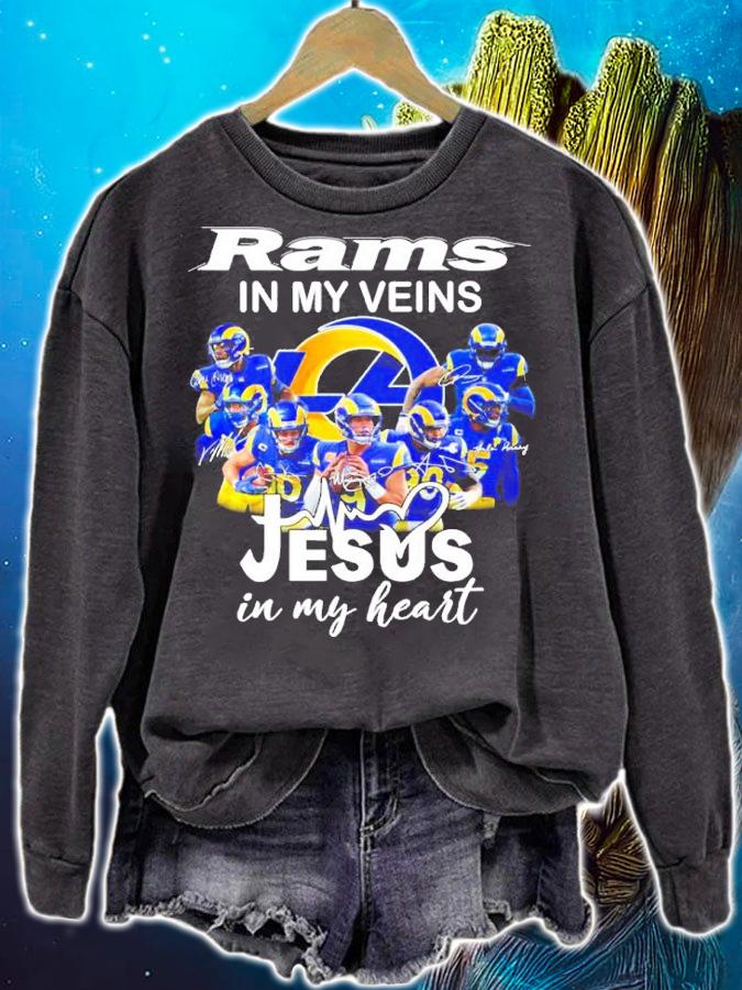Official Los Angeles Rams In My Veins Esus In My Heart Signatures Shirt sweatshirt