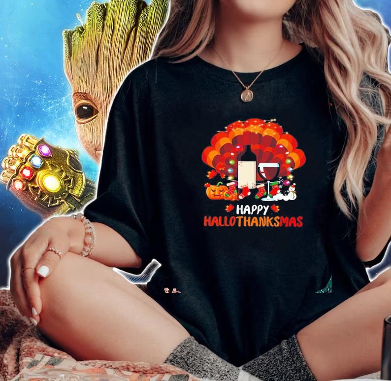 Turkey Wine Happy Hallothanksmas Merry Christmas shirt t-shirt woman shirt