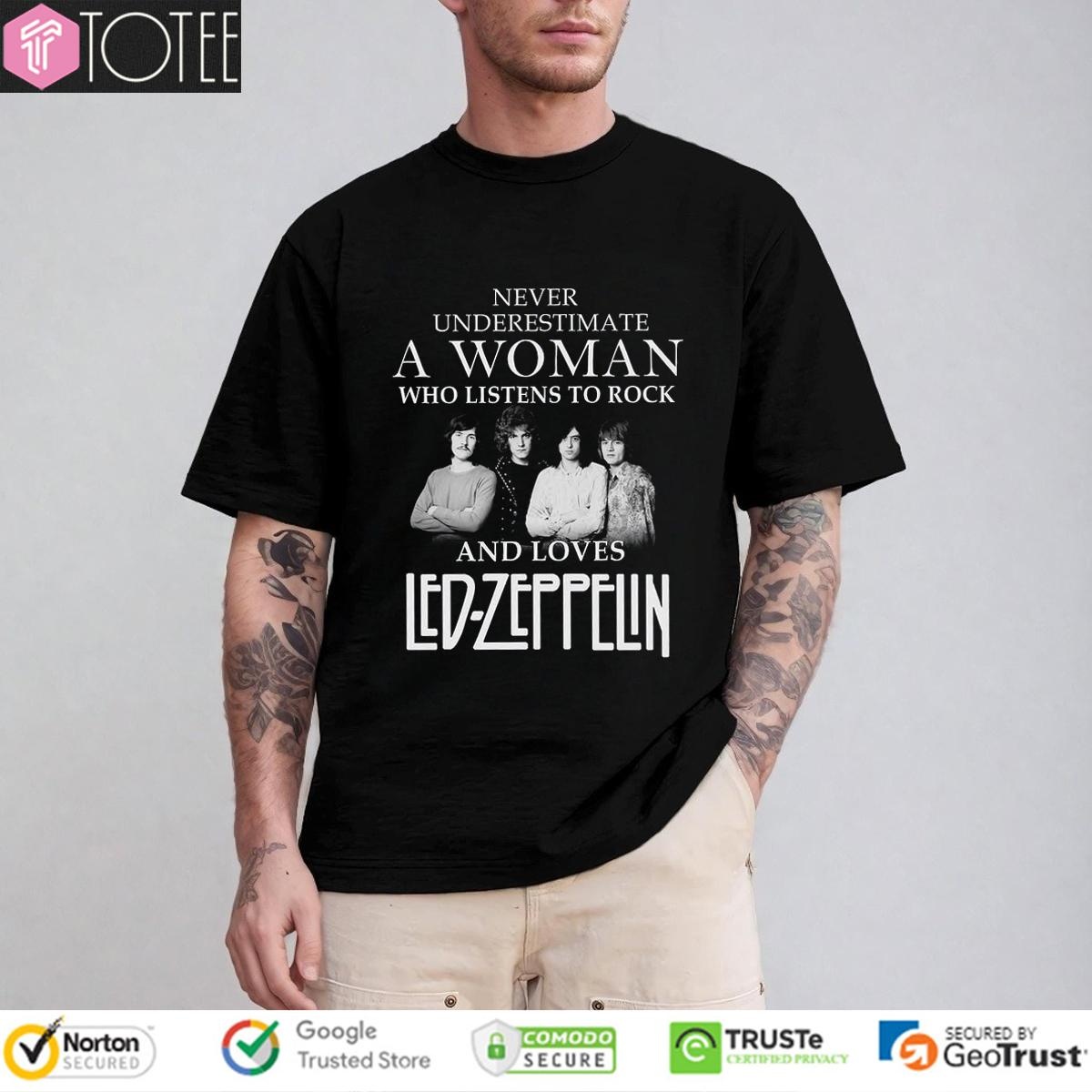 Never Underestimate A Woman Who Listens To Rock Loves Led Zeppelin Robert T-shirt